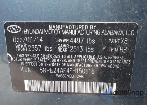 2015 Hyundai Sonata Se z USA, uszkodzony, nr VIN 5NPE24AF4FH150618